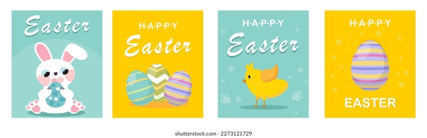 Set of Happy Easter Cards with rabbit and Easter eggs. Vector card. Vertical card 