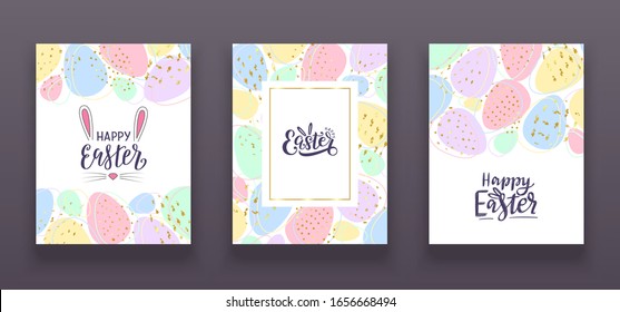 Set of Happy Easter Cards. Rainbow ester eggs background with brush strokes and gold texture. Colorful and funny design with three unique lettering esater logo. Vector illustaration EPS 10