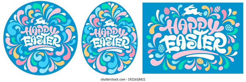 Set of Happy Easter cards or stickers templates with colorful ornament, rabbit and eggs. Unusual hand drawn calligraphy. Can be easy used for any design on Easter celebrations. Vector illustration.