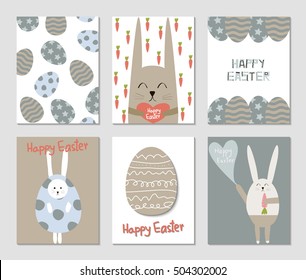 Set of happy easter cards. Easter text. Easter rabbit. Pastel colors. Vector. EPS 10.