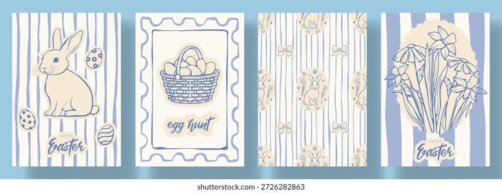 Conjunto de cartões de Páscoa feliz. Cartazes decorativos da moda com ovos, coelhinhos, flores, selo postal, cesta. Coleção vetorial de panfletos com símbolos de Páscoa para decoração de eventos de Páscoa, cartões.