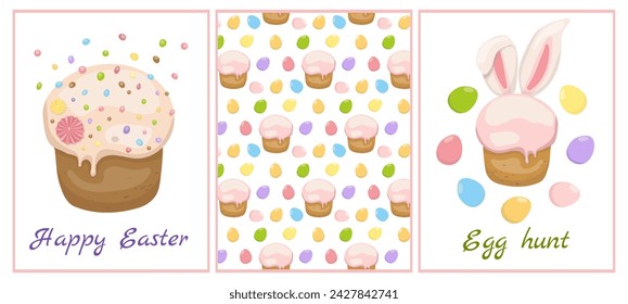 Set of Happy Easter cards. Vector Easter cakes, colored eggs, lollipops isolated on white background. Set of greetings for gift, print, packaging, cover, calendars, restaurants, banners, print