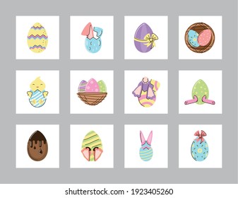 establecer feliz celebración de la Semana Santa conejo huevo de pollo e iconos vectoriales de cesta