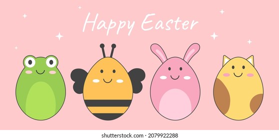 Set of happy Easter. Collection of eggs in form of different animals, childrens favorite characters. Website design for holiday, banner for information about sales. Cartoon flat vector illustration
