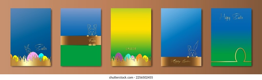 Set Happy Easter colorful cards, paper cut style, gold Rabbit and Eggs, golden green grass, fashion design, outline drawing Easter Bunny greeting card, vector illustration color gradient background