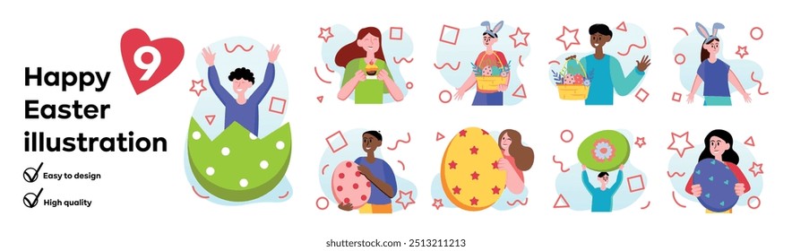 Conjunto de concepto de Pascua feliz con escena de personas en el estilo de dibujos animados planos. Ilustraciones con personas celebrando la Pascua con coloridas decoraciones y sosteniendo grandes huevos de Pascua. Ilustración vectorial.