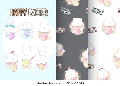 Set. Happy easter cute animal. Hand drawn vector illustration. - Vector