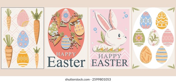 Set of Happy Easter Day. Cartoon Minimalist posters. Celebration congratulations cards with eggs, carrots and rabbit