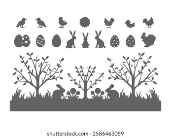 Set of Happy Easter Day Celebration Icons with Cute Bunny, Eggs, and Festive Holiday Elements