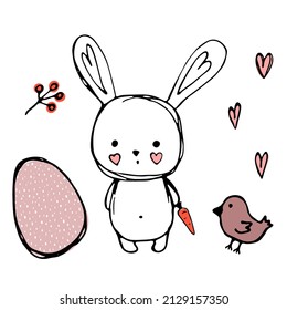 Set of happy Easter day elements. Shy bunny with carrot, little bird, egg with dots, hearts and bunch with berries isolated on white. Vector illustration. For cards, textile, gift wrap, fabric, poster
