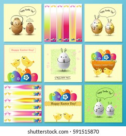 Set of Happy Easter Day greeting card and banners with colored eggs and flowers.
Hand Drawn and Handwritten Design Elements. Vector illustration 