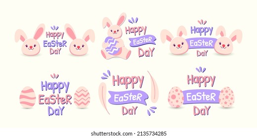Set Happy Easter Day Sticker With Bunny And Eggs Pattern