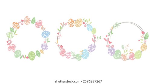 Set of Happy easter decoration wreath. Easter eggs, leaves decoration wreath for Happy easter event and design. Vector illustration.