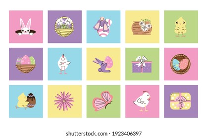set happy easter decorative eggs rabbit basket season celebration vector illustration