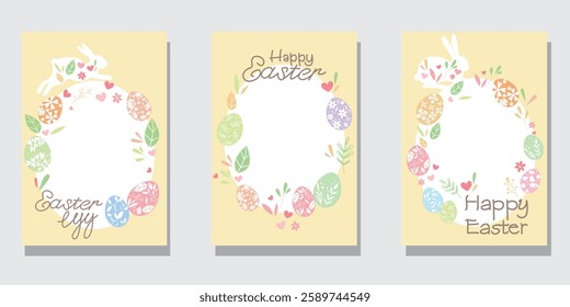 Set of Happy easter decorative template. Easter egg and natural elements decoration leaflet collection. Vector illustration.