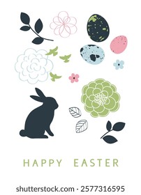 Set of Happy Easter design element or sticker. Holiday collection. Easter little bunny shape, egg, bird, leaf and flower silhouette isolated on white. Happy Easter text. Vector stock illustration.
