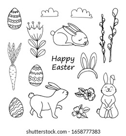 Set of Happy Easter design elements. Rabbits, eggs, willow, flowers, carrots, clouds. Сoncept holidays. Hand drawn vector illustration in doodle style outline drawing isolated on white background