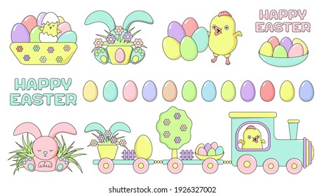 Set of Happy Easter design elements - chicken, rabbit, train, painted eggs, flower, grass with sign. Easter symbols in pastel colors isolated on a white background. Stock vector illustration in