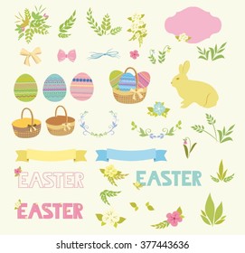 Set of Happy Easter design elements eggs, ribbons, frames, floral, Easter bunny, basket with eggs -  vector illustration isolated.