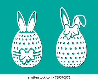 Set of Happy Easter eggs with bow, circle and ears of rabbit. Laser cutting template. Vector sample elements. Silhouette illustration isolated on green spring background.