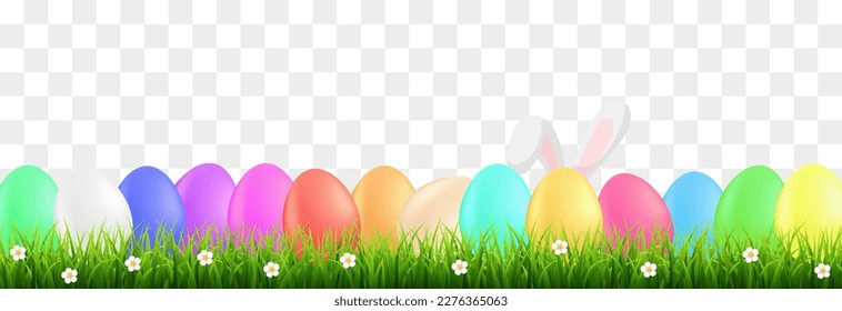 Set of Happy Easter eggs. Cute Easter  eggs hidden in the grass. Vector Illustration isolated on png background. Spring holiday concept.