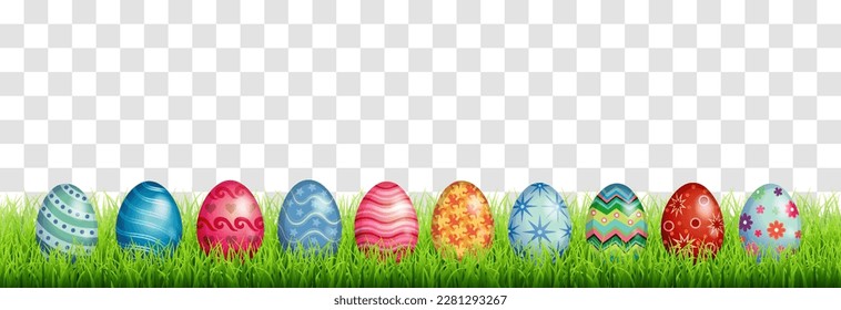 Set of Happy Easter eggs. Cute Easter eggs hidden in the grass. Vector Illustration isolated on png background. Spring holiday concept.