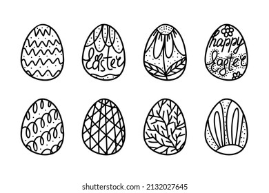 set of happy easter eggs in doodle style. Doodle Easter egg. Happy Easter hand drawn isolated on white background. Sketch eggs for cards, logos, holidays. Hand drawn illustration