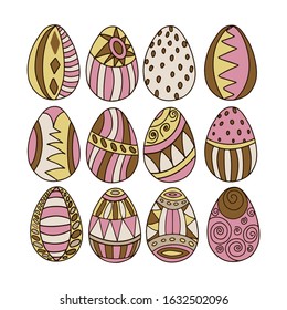 Set Happy Easter eggs pattern ornament in earth tones us white background for design or print.