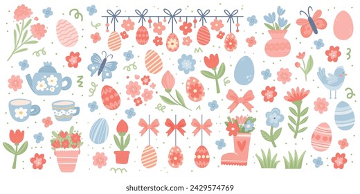 Set of Happy Easter elements. Cute Hand Drawn Eggs, Flowers, Butterfly and other. Spring Aesthetic Stickers