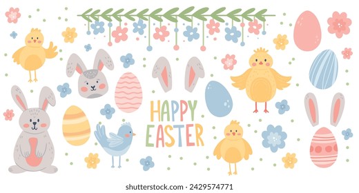 Set of Happy Easter elements. Cute Hand Drawn Eggs, Bunny, Chicken and other. Spring Aesthetic Stickers