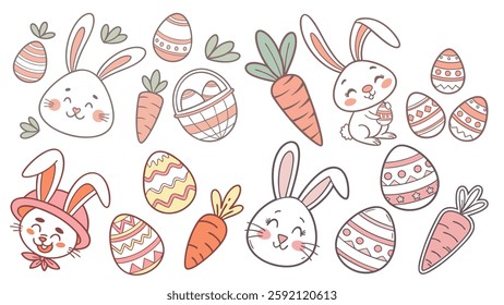 Set of Happy Easter elements. Cute Hand Drawn Eggs, Bunny, Chicken and other. Spring Aesthetic Stickers