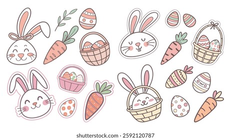 Set of Happy Easter elements. Cute Hand Drawn Eggs, Bunny, Chicken and other. Spring Aesthetic Stickers