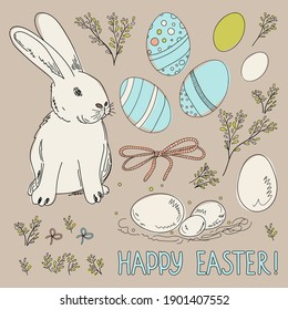 Set of happy easter elements are hand drawn in doodle style, colored spots on the background. Rabbit, eggs, branches and leaves.