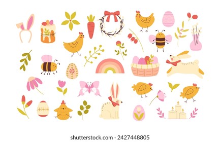Set of Happy Easter in flat style. Set of spring decorative elements