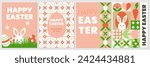 The set of Happy Easter geometric abstract posters, greeting cards, banners, holiday covers. The trendy vector design with bunny, Easter egg, flowers, simple forms, text. Neo geo art. 