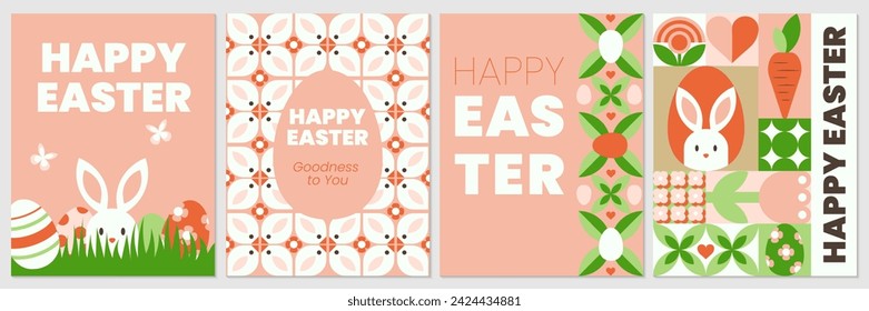 The set of Happy Easter geometric abstract posters, greeting cards, banners, holiday covers. The trendy vector design with bunny, Easter egg, flowers, simple forms, text. Neo geo art. 