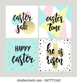 Set with Happy Easter gift cards with calligraphy. Handwritten lettering. Hand drawn design elements. Printable items 