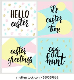 Set with Happy Easter gift cards with calligraphy. Handwritten lettering. Hand drawn design elements. Printable items