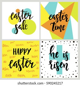 Set with Happy Easter gift cards with calligraphy. Handwritten lettering. Hand drawn design elements. Printable items 