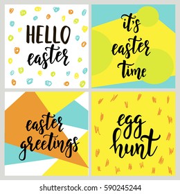 Set with Happy Easter gift cards with calligraphy. Handwritten lettering. Hand drawn design elements. Printable items 