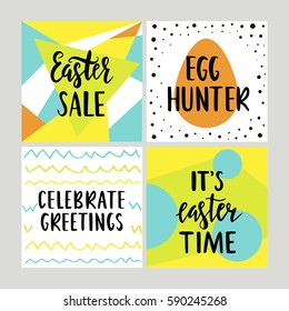 Set with Happy Easter gift cards with calligraphy. Handwritten lettering. Hand drawn design elements. Printable items 