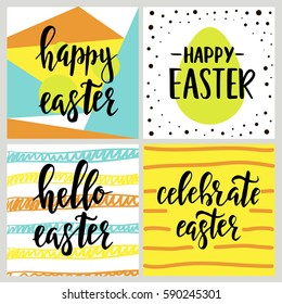 Set with Happy Easter gift cards with calligraphy. Handwritten lettering. Hand drawn design elements. Printable items 