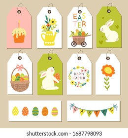 Set Of Happy Easter Gift Tags,  With Cute Bunnies. Vector Illustration