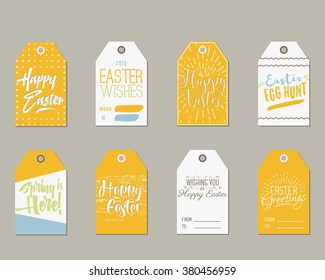 Set of Happy Easter Gift Tags with Ink Lettering signs, Overlay labels Black, white and gold palette. Perfect for presents and gifts. Vector emblems. Pastel Colors.