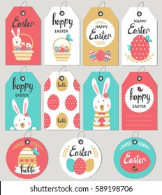 Set with Happy Easter gift tags and cards with Easter bunny. Vector illustration
