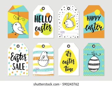 Set with Happy Easter gift tags and cards with calligraphy. Handwritten lettering. Hand drawn design elements. Printable items