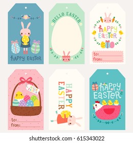 Set of happy easter gift tags and cards. Cute bunny, chicken and hen with eggs, flowers, floral wreath and typography design. Vector Illustration.