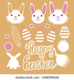 Set Happy Easter golden. Cute white design elements of striped eggs, Easter bunny, feathers, fur. Vector illustration isolated on gold background.