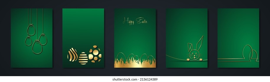 Set Happy Easter green cards, gold luxury style, golden Rabbit and Eggs, colección de diseño de moda, dibujar contorno Easter Bunny tarjeta de saludo, ilustración vectorial de fondo