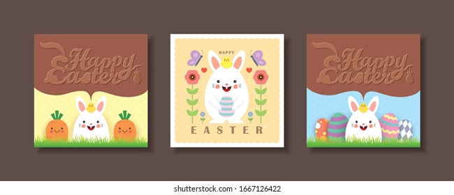 Set of happy Easter greeting card collection. Cute cartoon rabbit, baby chick with Easter eggs on meadow. Easter chocolate greeting text flat design.